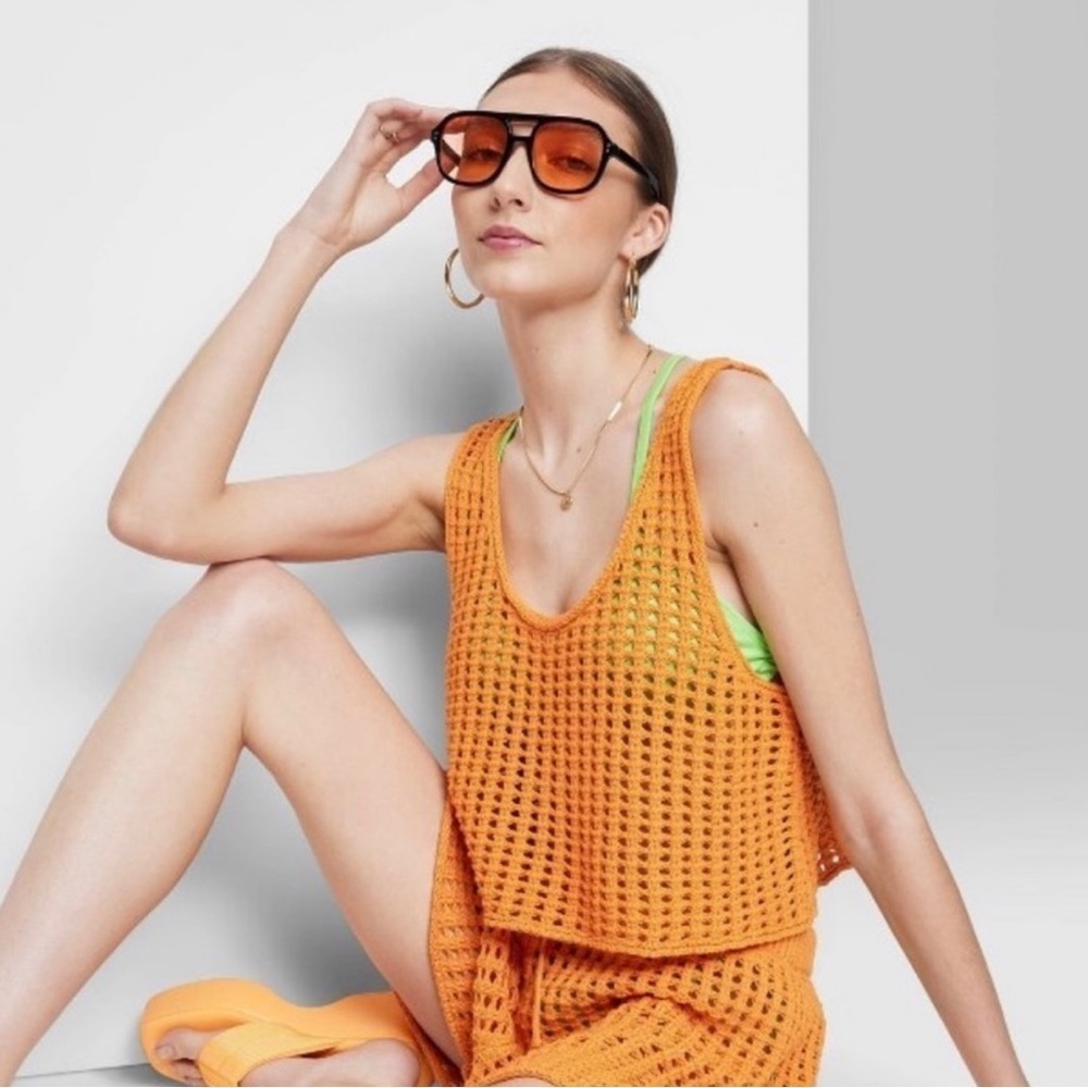 Wild Fable Orange Crochet Open
Knit Tank Top Cropped Scoop Neck